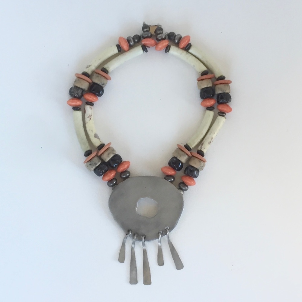 BEN-AMUN STATEMENT NECKLACE STONE PEWTER TRIBAL - Picture 3 of 6